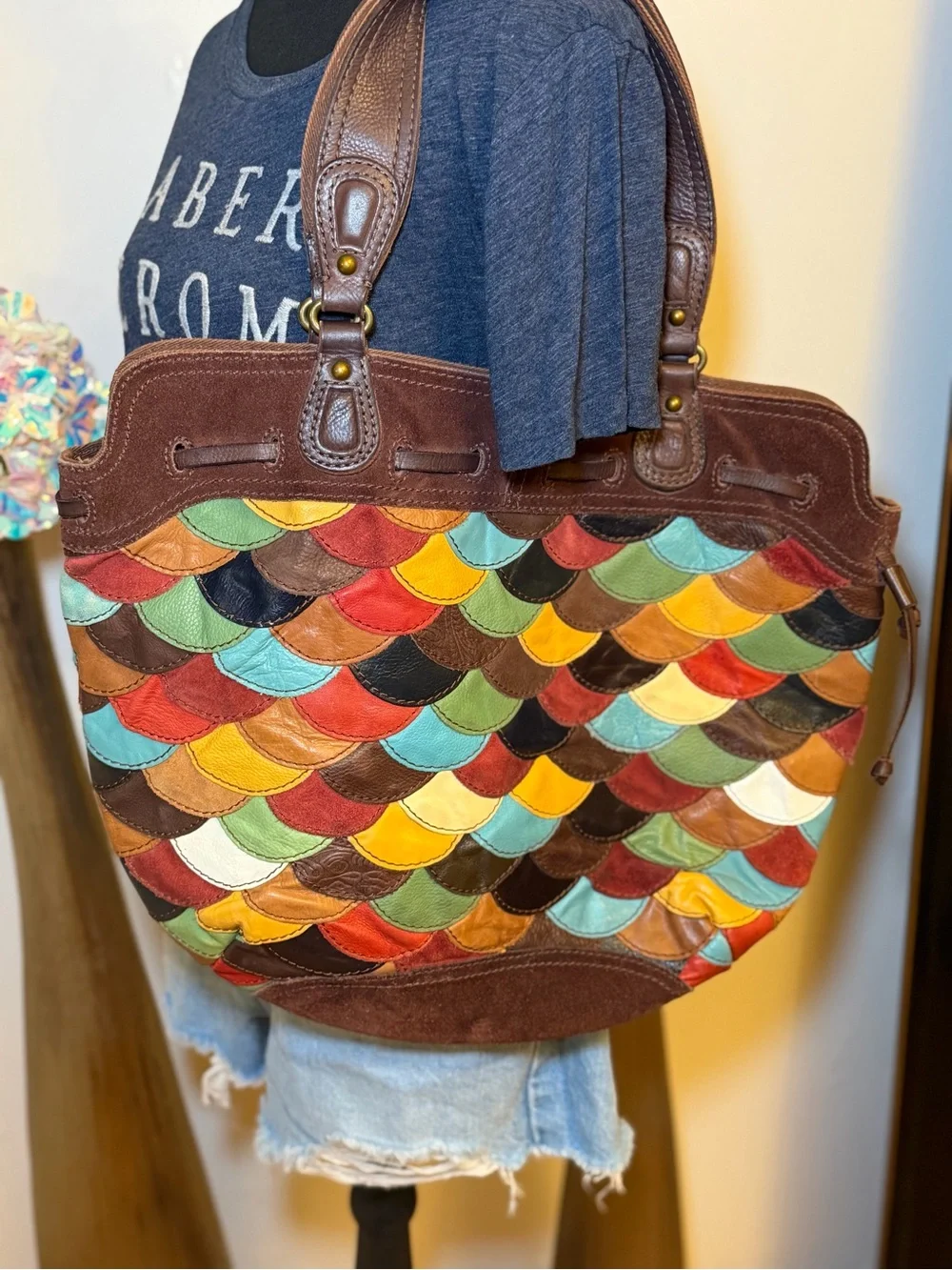 Vintage Lucky Brand Multicolor Scallop Patchwork Leather Tote - Brown Trim